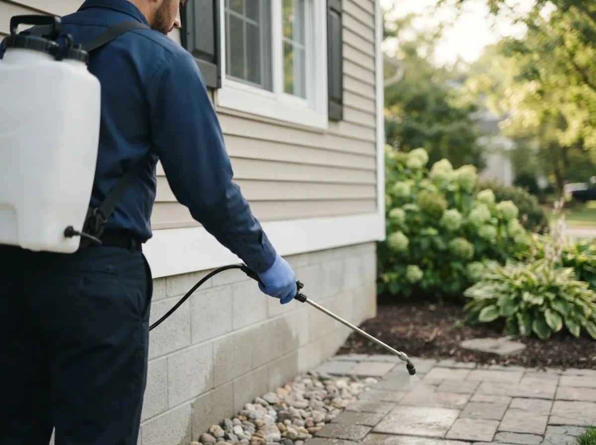 Pest control technician inspecting a home in Little York, NY